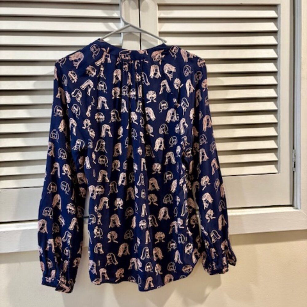 Boden Chit Chat Navy Face Print Long Sleeve Blouse in US 4 UK 8 - Picture 2 of 6